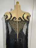 Sexy Black Rhinestones Sequins Tassel With Cape Mesh Transparent Dress Women Evening Birthday Party Nightclub Dance Stage Outfit