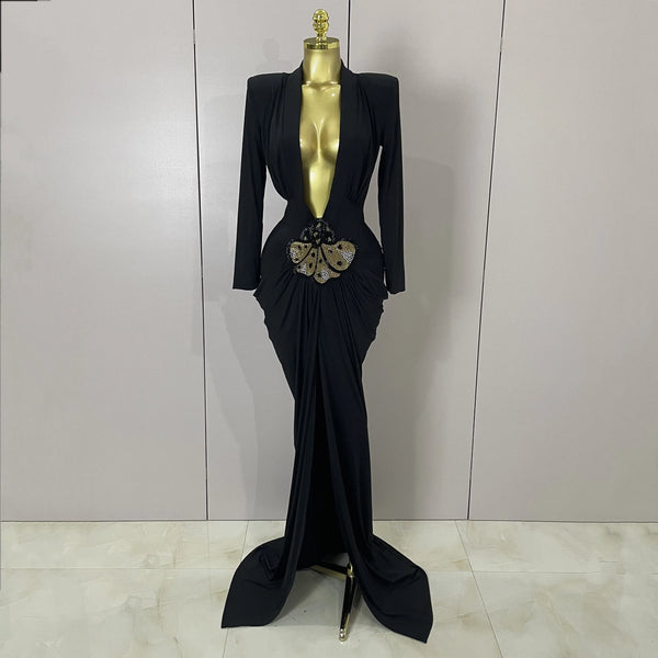 Sexy 2026 New Deep V-Neck  Long Sleeve Bodycon Long Dress Women Spring Elegant Evening Party Celebrate Cocktail Outfit Vestido