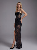 2026 Elegant Black Lace Spaghetti-Strap Maxi Dress Black Floral Lace Party Evening Gown Birthday Prom Vestidos