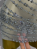 Women One Shoulder Mesh See Through Mini Dress Sexy Sparkly Rhinestones Birthday Evening Celebrate Party DJ Nightclub Stage Wear