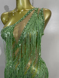 Sexy Green One Shoulder See-Through Sparkly Rhinestones Tassel Dress Women Latin Dance Outfits Bar Nightclub Party Stage Costume