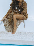 Sexy Chiffon Leopard Printing Dress for Women V Neck Long Sleeve Patchwork Lace Up Split Evening Club Maxi Dresses
