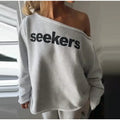Solid Women Loose Pants Set Letter Print Off Shoulder Long Sleeve Sweatshirt Wide Leg Trousers Chic Casual Loungewear Suit 2026