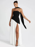 Irregular Slit Vacation Long Dress For Women Elegant Contrast Slim Ribbon Dress Back Lace Up Female Strapless Summer New