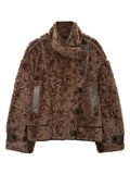 Solid Faux Shearling Coat Women Stand Collar Asymmetric Button Faux Leather Patchwork Winter Streetwear Thick Plush Outerwear