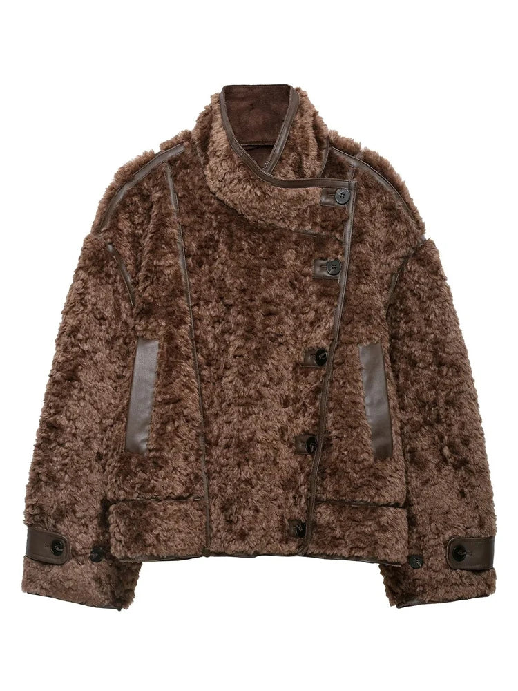 Solid Faux Shearling Coat Women Stand Collar Asymmetric Button Faux Leather Patchwork Winter Streetwear Thick Plush Outerwear