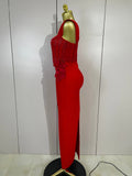 Women Red 3D Floral Beading Pearl Sexy Sleeveless Bodycon Long Bandage Dress Elegant Club Party Birthday Wedding Prom Wear