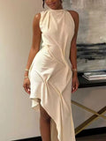 Solid Loose Spliced Folds Chic Dress for Women O Neck Sleeveless Irregular Luxury Dresses Female Summer Fashion New