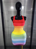 Rainbow Color Women Sexy Halter Backless Bodycon Mini Bandage Dress Nightclub Party Celebrate Fashion Birthday Clothing