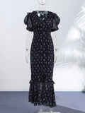 Floral Puff Sleeves Maxi Dresses Women's Slim Waist-cinching Hip-wrap V-neck Dress 2026 New Ladies Summer Vacation Outwear