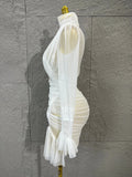 Madam Elegant See-Through Tulle Mesh High Halter Cross Twisted Waist Cut Out RuchedMini Dress Flared Cuff Ruffle Night OutOutfit