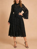 Elegant Vintage Green Lace Midi Dress for Women High Neck Sheert Flare Sleeve Belted Waist Desgin for Luxury Dinners Party
