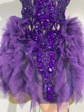 Sexy Purple Mesh See Through Purple Long Sleeves Mini Dress Luxury  Diamonds Birthday Evening Party Bar Nightclub Stage Costume