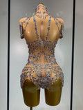 Women Sexy See Through Crystal Bodysuits Luxury Birthday Dancer Stage Performance Wear Mesh Sparkly Rhinestone Nightclub Outfit