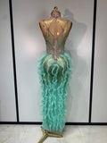 Sparkly Rhinestone Sleeveless Mesh Ruffled See Through Long Dress Sexy Evening Birthday Party Nightclub Bar Singer Stage Costume