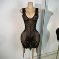 Luxury Rhinestones Mesh Short Dress Women Sexy Transparent Performance Stage Costume Black V Neck Nightclub Birthday Clothes