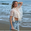 Sexy Cape Style Lace Perspective Top Women Half High Neck Short Sleeve Solid Irregular Pullover Lady Chic Casual Beach Top Cloth