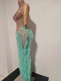 Sexy Sleeveless Mesh Ruffled See Through Long Dress Sparkly Rhinestone Eveing Birthday Party Nightclub Bar Singer Stage Costume