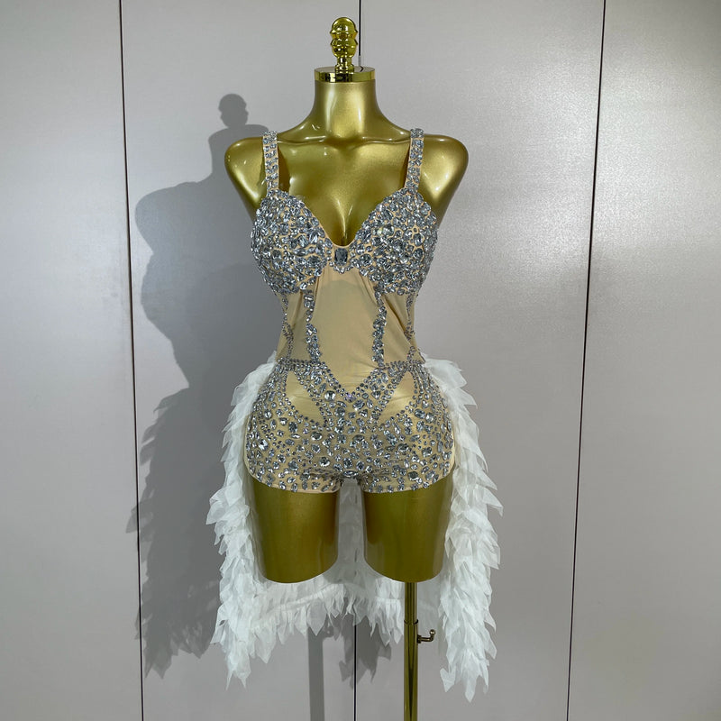 Women See Through Evening Nightclub Bar Party Dance Stage Dress Luxury Sparkly Rhinestones Mesh White Ruffles Patchwork Bodysuit