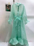 Solid Chic Soft Floral Hollow Out Sheer Flowy Shirt Midi Dress For Women Lapel Long Sleeve Belted Ruffle Hem Vacation Outfit