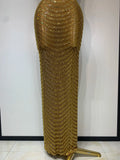 Women Sexy Sparkly Rhinestone Gold Maxi Dress Mesh See Through Evening Party Singer Stage Perform Costume Luxury Birthday Gown