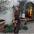 Irregular Brown Lace Uppleated Maxi Dresses Elegant Women's Full Sleeve Slim Fit Patchwork Robes 2025 New Evening Party Gowns