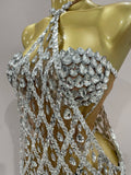 Sexy Sparkly Sequin Diamond Mesh Transparent Two Piece Set Women Celebrate Evening Party Birthday Dress Stage Photo Shoot Wear