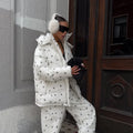 Women Floral Print Hooded Puffer Snow Suit Two Piece Outfit Thick Warm Winter Windproof Ski Jacket Wide Leg Pants Set Outdoor
