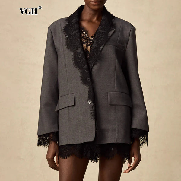 Chic Solid Spliced Lace Edge Blazers for Women Notched Collar Long Sleeve Temperament Designer Coats Female Clothes Style