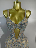 Women Evening Party Luxury Birthday Dress Photo Shoot  Stage Outfit  Sparkly Diamonds Tassel Mesh Transparent Bodycon Mini Dress