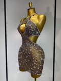 New Arrival Women Sexy Backless Hollow Out Diamond Evening Prom Gown Birthday Luxury Celebrate Stage Nightclub Outfit