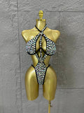 Gold Luxurious Black Bodysuit Women Sexy Halter Neck Iridescent Crystal Embellished Cutout Outfit Stage Performance Costume