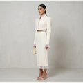 White Ruffle Stand Collar Peplum Skirt Set Romantic High Neck Long Sleeve Slim Co-ord 2026 Spring Wedding Dating Party Outfit