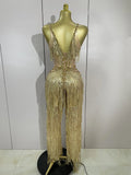 Sparkly Gold Rhinestones Sequins Fringe Jumpsuit Women Sexy Nightclub Party Birthday Outfit Show Singer Stage Perform Costume