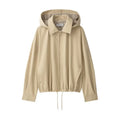 Women Khaki Hooded Cropped Zip‑up Jacket Faux Two‑inner Plaid Fabric Drawstring Bottom Coat Lady Autumn Casual Commute Outfits