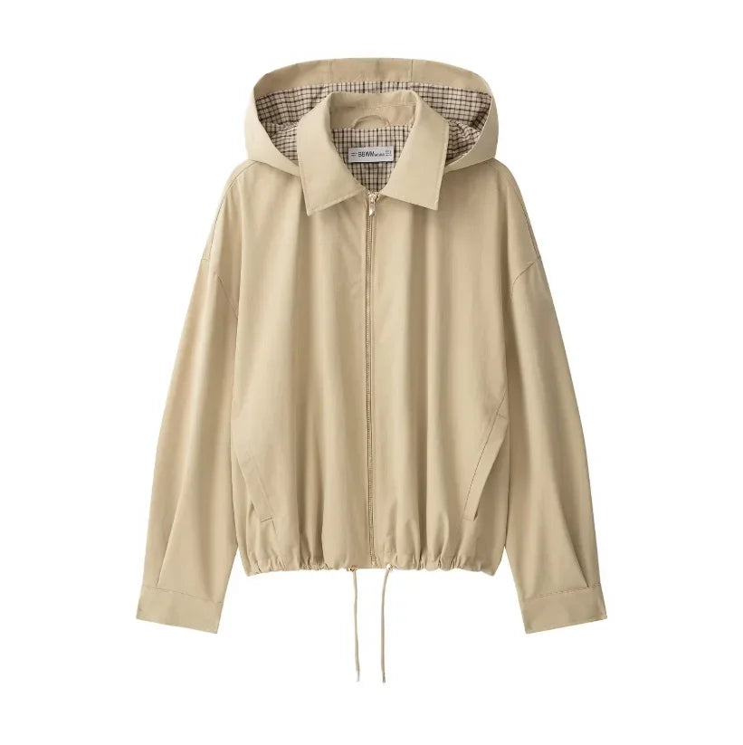 Women Khaki Hooded Cropped Zip‑up Jacket Faux Two‑inner Plaid Fabric Drawstring Bottom Coat Lady Autumn Casual Commute Outfits