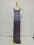 Glam Rhinestone Fringe 2 Piece Set for Women Sweetheart Neck Crop Cami Top High Waist Floor Length Skirt for Evening Party