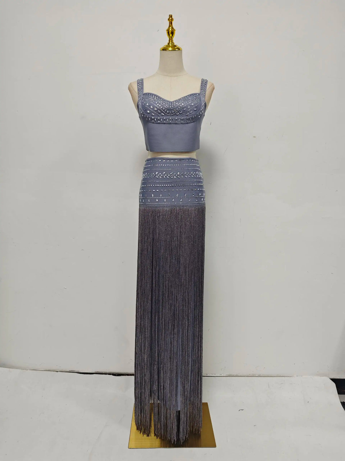 Glam Rhinestone Fringe 2 Piece Set for Women Sweetheart Neck Crop Cami Top High Waist Floor Length Skirt for Evening Party