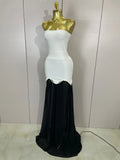 Women Elegangt Pearl Bandage Strapless TopAnd White Mesh Long Dress Two-piece Set Celebrity Evening Birthday Wedding Party Dress