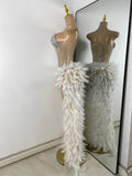 Women Sexy Straplss Crystals Diamonds Feather Luxury Party Dress Designer Mesh Transparent Performance Stage Outfit