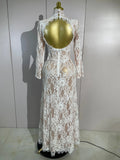 Women Long Sleeve Evening Party Club Bar Birthday Celebrity Gowns Sexy White Lace High Neck Hollow Out Design Bodycon Long Dress