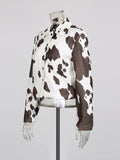 Cow Print Short Slimming Coat for Women Lapel Long Sleeve Patchwork Single Breasted Street Jacket Female Autumn New
