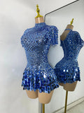 Sexy Women Short Sleeve Sparkly Sequins Stage Dress Luxury Evening Party Nightclub Performance Costume Stage Wear
