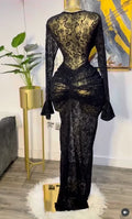Fall Women Long Sleeve Stacked Mesh See Though with Lining Bodycon Long Dress Evening Birthday Sexy Party Dresses