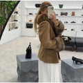 Retro Suede Faux Fox Fur Collar Blazer Coat Long Sleeve Double Breasted Fluffy Furs Cuff Women Fashion Jacket 2026 Chic Outfits