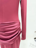 Elegant Style Pencil Dresses for Women O Neck Shoulder Pud Long Sleeve High Waist Pleated Slim Maxi Dress Female