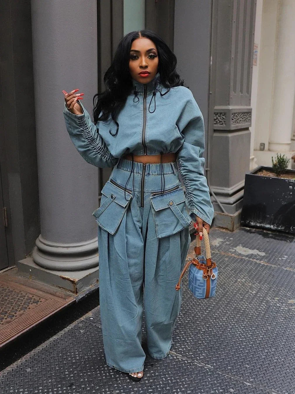 Denim Women's Set Ruched Long Sleeve Jacket and Pocket Front Loose Jeans Pants Two 2 Piece Sets Outfits Tracksuit