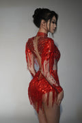 Women Sparkly Rhinestone Sequin Tassel Stretch Bodysuits 2025 New Arrival Birthday Party Nightclub Dj Stage Performance Costume