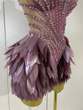 Sparkly Diamonds Leaf Sexy Mesh See Through Strapless Bodycon Dress Luxury Birthday Evening Party Outfit Nightclub Stage Costume