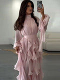 Solid Spliced Ruffles Folds Long Elegant Dresses for Women Lace Up Stand Neck Long Sleevs Tunic Temperament Dress Female